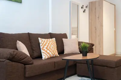 a living room with a brown couch and a table at Aire del Sur Cádiz in Cádiz
