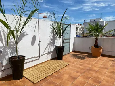 a balcony with two potted plants on a roof at La Terraza de Porvenir 10 - Jerez de la Frontera in Jerez de la Frontera