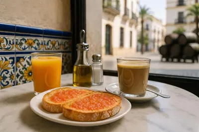 a table with two slices of bread and two glasses of orange juice at Cruz Vieja Centrico 3 Rooms in Jerez de la Frontera