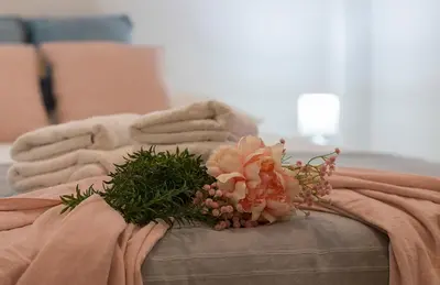 a blanket and flowers on top of a couch at Cruz Vieja Centrico 3 Rooms in Jerez de la Frontera