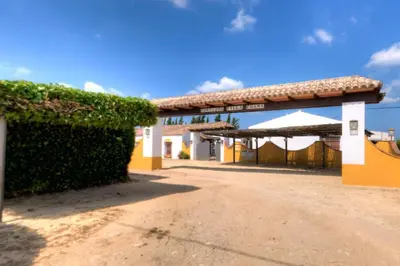 a building with a hedge next to a dirt road at Hacienda los Majadales in Conil de la Frontera