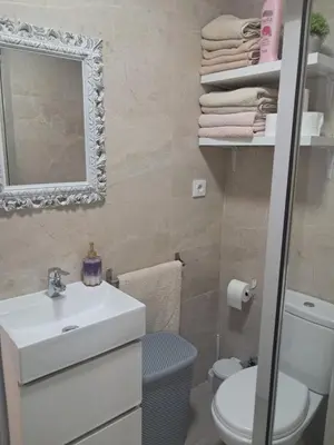 a bathroom with a sink and a toilet and a mirror at PLAYA LAS PILETAS-CALZADA in Sanlúcar de Barrameda
