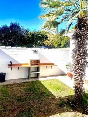 a park bench sitting next to a palm tree at Brisa Home in Chiclana de la Frontera