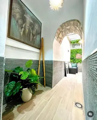 a hallway with a painting of an elephant on the wall at Jacuzzi Amazonas Relax en el Corazón del Puerto in El Puerto de Santa María