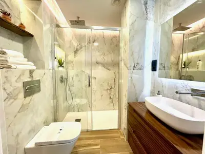 a bathroom with a shower and a sink and a toilet at GATU PREMIUM Deseo Piso de Lujo con Parking 