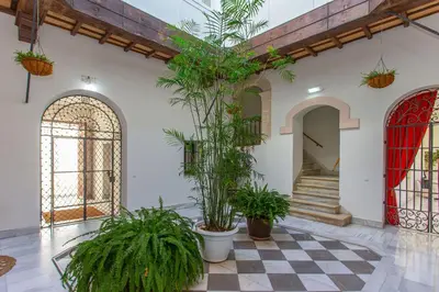 a room with potted plants and a checkered floor at Apartamento Centro con Parking Privado in El Puerto de Santa María