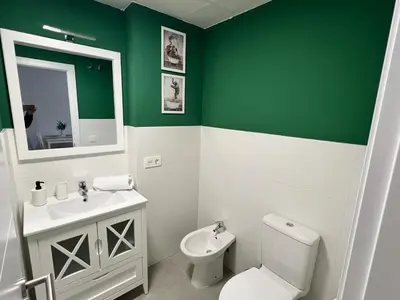 a green and white bathroom with a toilet and a sink at Jardines del Porvenir 4 in Puerto Real