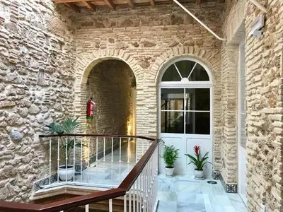 a kitchen and living room with wooden ceilings at Apartamentos Rosario Centro in Cádiz