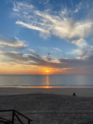 a sunset on the beach with a bench on the beach at Dunas de Punta Candor in Rota