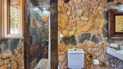 a stone bathroom with a toilet and a stone wall at Casa García Camacho Conil de la Frontera by Ruralidays in Conil de la Frontera