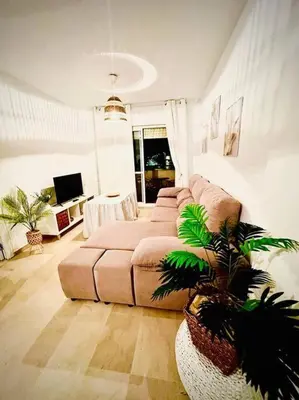 a living room with a couch and a plant at Bonito y ubicación inmejorable in Sanlúcar de Barrameda