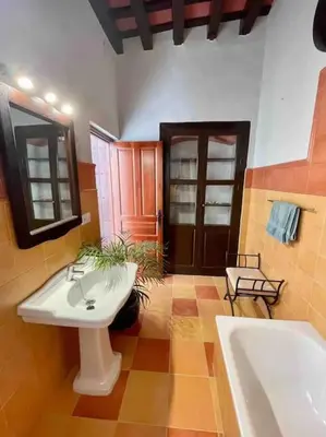 a bathroom with a white sink and a tub at GINVA - Casa palacio La Templanza in El Puerto de Santa María