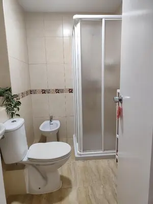 a bathroom with a toilet and a shower at Apartamento Merykuki in Sanlúcar de Barrameda