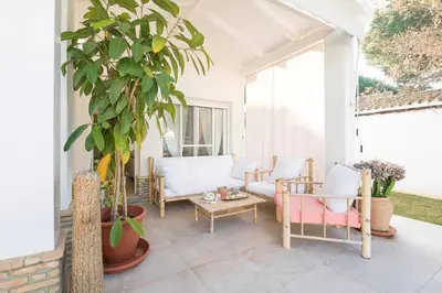 a porch with chairs and a table and a plant at La Perla Costera in Chiclana de la Frontera