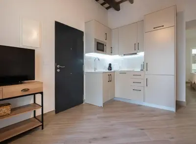 a kitchen with white cabinets and a flat screen tv at Estudio Palacios Sur in El Puerto de Santa María
