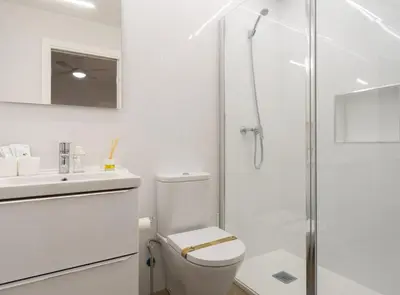 a white bathroom with a toilet and a shower at Estudio Palacios Sur in El Puerto de Santa María