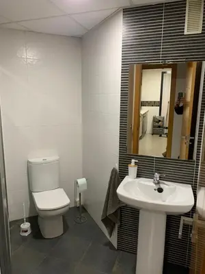 a bathroom with a toilet and a sink and a mirror at Habitacion privada en piso compartido de dos habitaciones en urbanización con piscina y pista de padel in El Puerto de Santa María