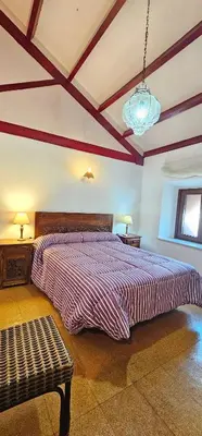 a bedroom with a large bed and a ceiling at Tartaneros Duplex by Sanlúcar Housing in Sanlúcar de Barrameda