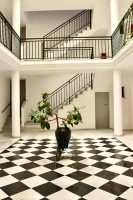 a plant in a vase on a checkered floor at Apartment in Plaza Arenal in Jerez de la Frontera