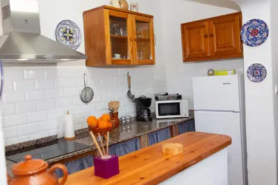 a kitchen with a counter and a white refrigerator at Casa rural con piscina en Conil de la Frontera - Casa Oeste in Cádiz