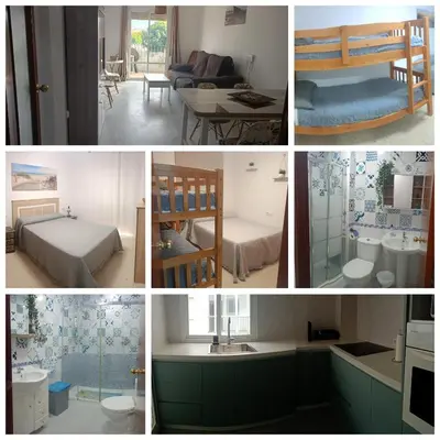 a collage of pictures of a bedroom and a bathroom at Apartamento El Niño de Oro in Sanlúcar de Barrameda