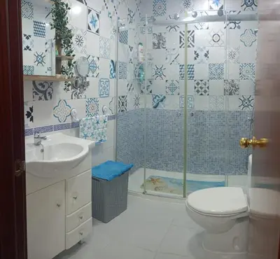 a bathroom with a shower and a toilet and a sink at Apartamento El Niño de Oro in Sanlúcar de Barrameda