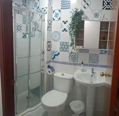a bathroom with a shower and a toilet and a sink at Apartamento El Niño de Oro in Sanlúcar de Barrameda