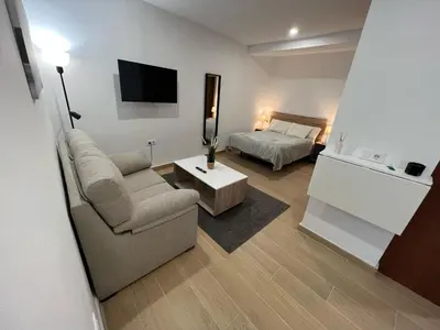 a living room with a couch and a bed at Apartamento Porvenir in Jerez de la Frontera