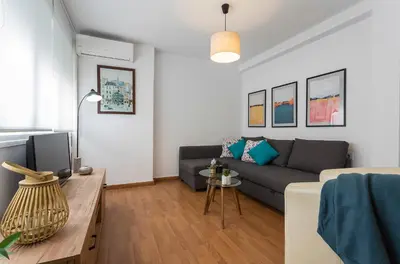 a living room with a couch and a tv at Centrico Tranquilo 2 Rooms in Jerez de la Frontera