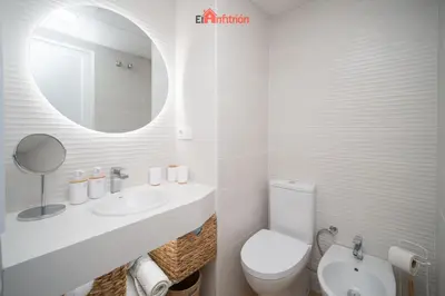 a bathroom with a toilet and a sink and a mirror at El Anfitrión - Carmen Viejo in Sanlúcar de Barrameda