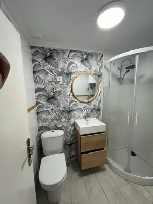 a bathroom with a toilet and a shower and a mirror at Apartamento Jerez Centro San Miguel in Jerez de la Frontera