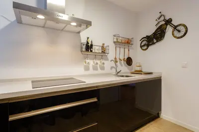 a kitchen with a counter with a sink and a bike on the wall at Apartamento El Mercado - Ole Solutions in Jerez de la Frontera