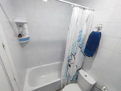 a bathroom with a toilet and a shower curtain at Apartamento Pinar del Atlántico La Barrosa in Chiclana de la Frontera