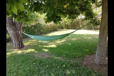 a green hammock hanging between two trees in a yard at Chalet en Roche - Amplio jardín in Roche