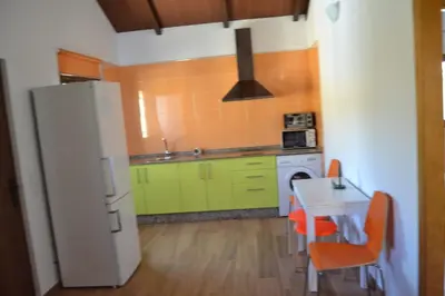 a kitchen with green cabinets and a white refrigerator at CHALET SOLYMAR in Conil de la Frontera