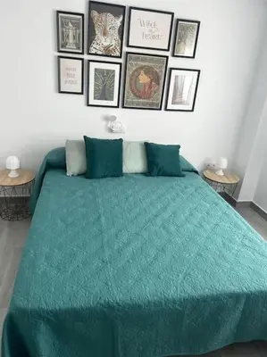 a bedroom with a green bed with pictures on the wall at piso en pleno centro in San Fernando