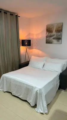a bedroom with a white bed and a lamp at Moderno y céntrico Apartamento de 2 dormitorios en El Puerto de Santa Maria in El Puerto de Santa María