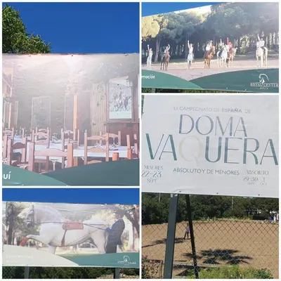 a collage of photos with a sign and people riding horses at Bonito y confortable apartamento Novo Sancti Petri Barrosa Chiclana Cadiz in Chiclana de la Frontera