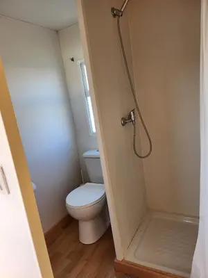 a small bathroom with a toilet and a shower at Franceses in Chiclana de la Frontera