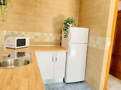 a kitchen with a white refrigerator and a sink at Marisma Home in Chiclana de la Frontera