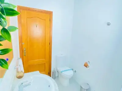 a bathroom with a toilet and a wooden door at Marisma Home in Chiclana de la Frontera