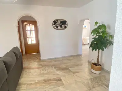 a living room with a couch and a potted plant at Marisma Home in Chiclana de la Frontera