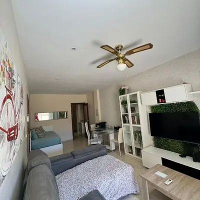 a living room with a couch and a ceiling fan at Jerez Rincón de Chloe y Julieta in Jerez de la Frontera