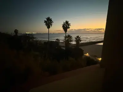 a view of a beach with palm trees and the ocean at Primera Línea Playa el Manantial in El Puerto de Santa María