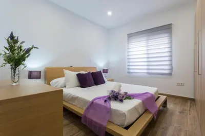 a bedroom with a large bed with purple pillows at Playa Santa Maria Moderno 3 Rooms in Cádiz