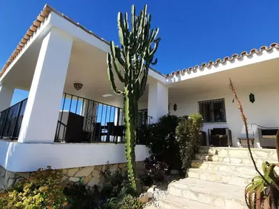 a cactus in front of a white house at »Casa Conil Buena Vista« in Conil de la Frontera