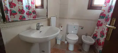 a bathroom with a sink and a toilet and a mirror at Apartamento atico Terraza Centro in El Puerto de Santa María