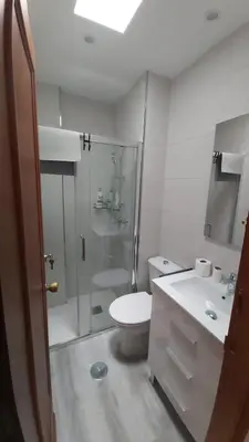 a bathroom with a toilet and a shower and a sink at Brisas del Guadalquivir in Sanlúcar de Barrameda