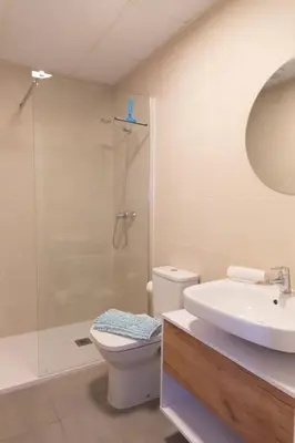 a bathroom with a shower and a toilet and a sink at Las Salinas by Gades Gestión in Puerto Real