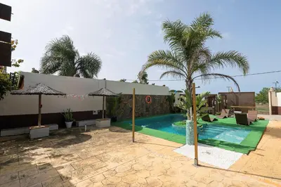 a swimming pool with a palm tree next to a building at Casa Amelie in Conil de la Frontera
